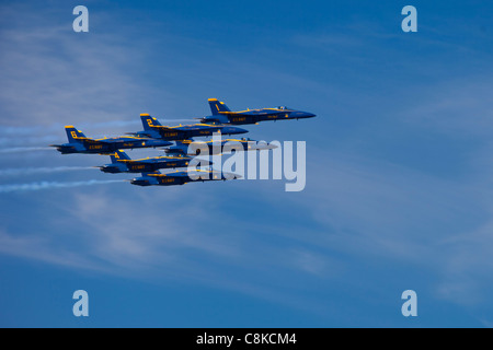 Flyby with the US Navy's F/A-18 Blue Angels in air show during Fleet Week, San Francisco California USA Stock Photo