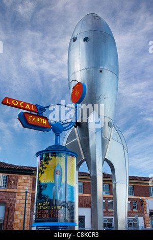 Comic Book Raygun Gothic Rocket Ship on display at Pier 14 in San Francisco California, USA Stock Photo