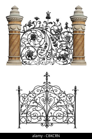 Collection of black forged gate and forged decorative lattice with flowers and columns isolated on white background Stock Photo