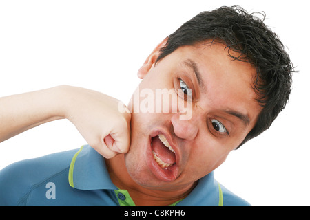 portrait of young woman punching other young man on a white background Stock Photo