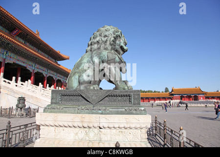 China. Beijing. The bronze lion statue in Forbidden City Stock Photo