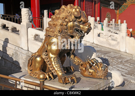 China. Beijing. The bronze lion statue in Forbidden City Stock Photo