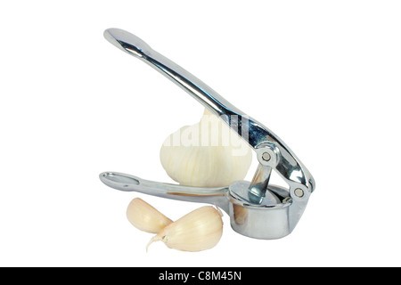 garlic and garlic press isolated on white Stock Photo