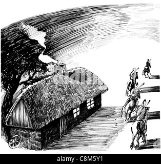 cottage house and four horsemen drawing illustration Stock Photo