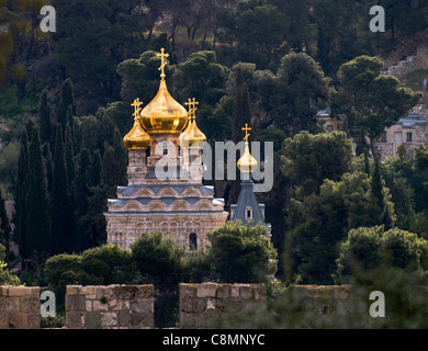 The beautiful , Onion dome shaped , Russian Orthodox church of Maria Magdalene on the slopes of the Mt. of Olives in Jerusalem. Stock Photo