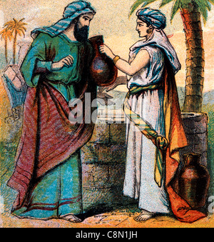 Bible Stories- Illustration Of Rebekah offering water to Abraham's servant Eliezer By The Well In The Story of Isaac Genesis xxiv 1-28 Stock Photo