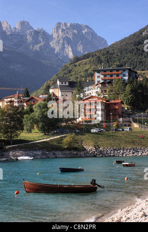 Lake Molveno (Lago di Molveno) in front of the Brenta Dolomites, Italy. Stock Photo