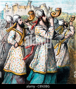 Bible Stories- Illustration Of The Priests Blowing The Trumpets As The Walls Of Jericho Collapsed Joshua vi 2-20 Old Testament and Nevi'im Stock Photo