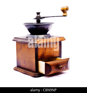 wooden coffee grinder with open drawer - made in studio isolated on white background Stock Photo