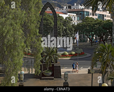 People tourists visitors at the Rotunda Do Infante roundabout and Statue of Henrique the Navigator Funchal Madeira Portugal EU Europe Stock Photo