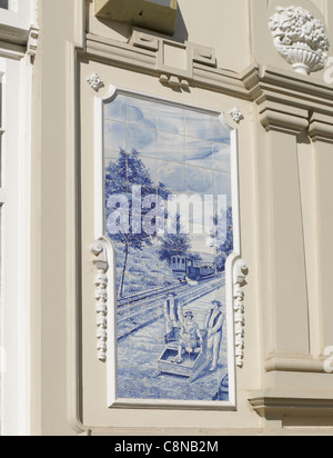 Close up of decorative tiles showing Monte railway and taboggan sledge ride City centre Funchal Madeira Portugal EU Europe Stock Photo