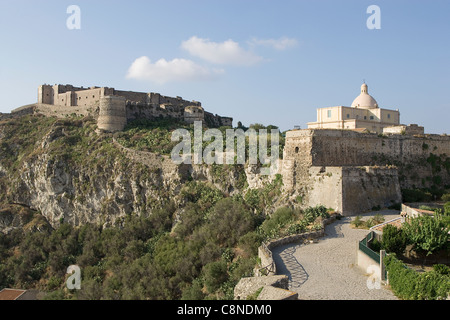 Italy, Sicily, Milazzo, the castle in the Borgo (upper town) and view of the Duomo on right Stock Photo