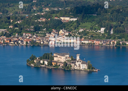 Italy, Piemonte, Lago d'Orta, view of Isola di San Giulio from Santuario della Madonna del Sasso Stock Photo