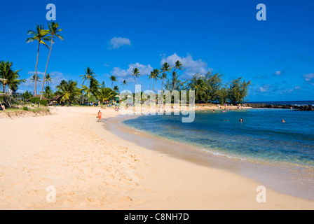 Sunny day at Poipu beach with white sand beach and palm trees, Kauai Stock Photo