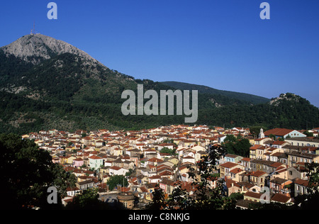 Greece Lesbos view across the town of Agiassos nestled below Mount Olympus Stock Photo