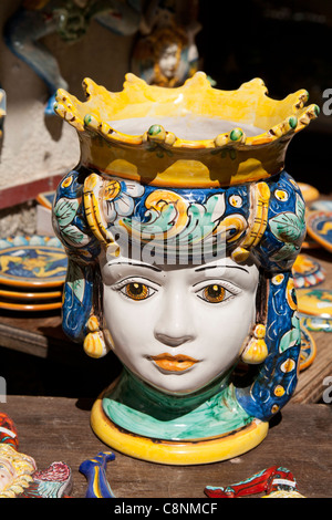 Colourful ceramic plant pot holder, Sicily, Italy Stock Photo