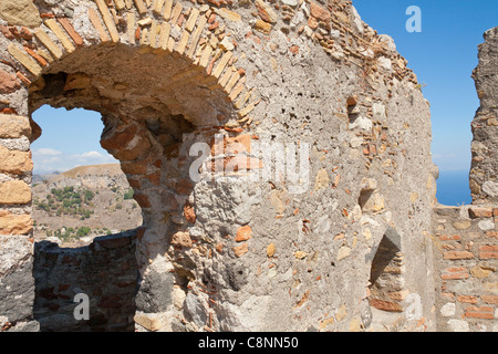 A doorway in the wall of Castelmola Castle, Castelmola, Sicily, Italy Stock Photo