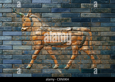 Glazed tiles with an aurochs from The Ishtar Gate in the Pergamon Museum in Berlin, Germany. Stock Photo