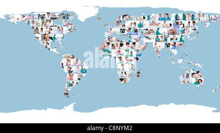 Pictures of doctors forming a world map Stock Photo