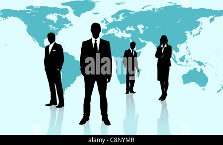 Businesspeople standing against a blue world map Stock Photo