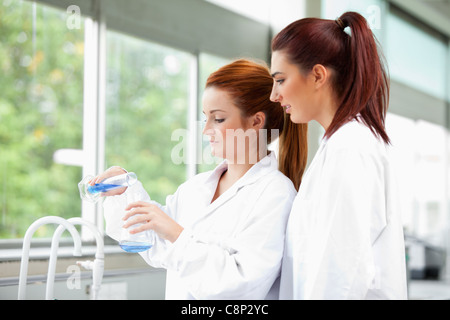 Young scientists pouring blue liquid in an Erlenmeyer flask Stock Photo