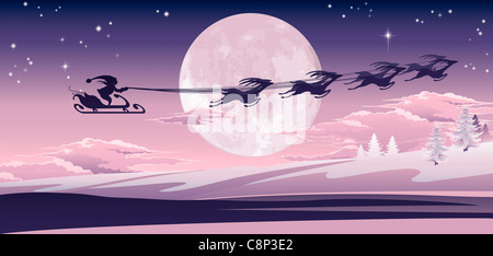 Silhouette of Santa and his reindeer flying through the air over winter scene. Stock Photo