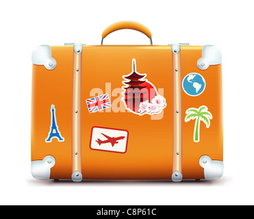 illustration of vintage suitcase with funky stickers isolated on white background Stock Photo
