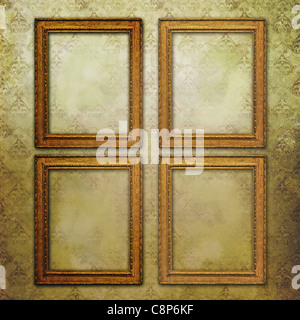 four golden empty frames on a Victorian wallpaper with grunge effects Stock Photo