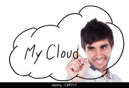 Happy businessman drawing his cloud service on the whiteboard (isolated on white) Stock Photo