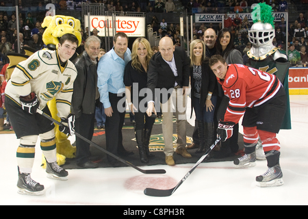 London Ontario, Canada - October 28, 2011. Former Toronto Maple Leaf captain Mats Sundin prepares to drop the puck prior to a game between the London Knights and the Owen Sound Attack. London won the game in overtime 3-2. Stock Photo