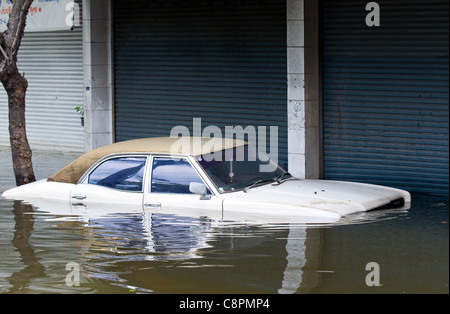 Stranded car in Bangkok, Thailand during record monsoon flooding in October 2011. Stock Photo