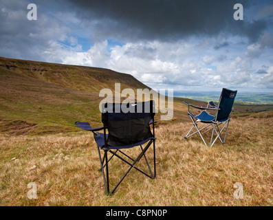 Empty chairs with great view at Gospel Pass near Hay in Black Mountains Stock Photo