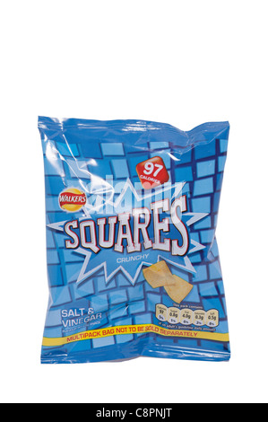 A packet of Walkers salt and vinegar flavour squares potato crisps with 97 calories on a white background Stock Photo