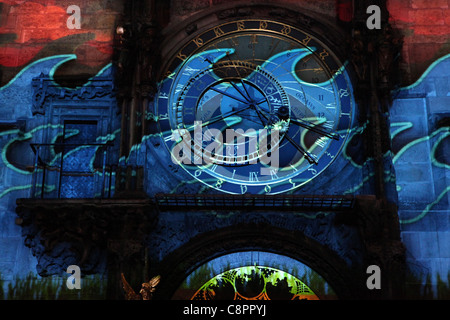 Video mapping projection on the famous astronomical clock of the Old Town Hall in Prague, Czech Republic, in occasion of the 600th anniversary of the astronomical clock on 9 October, 2010. Stock Photo