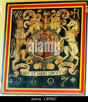Royal Arms, Burnham Norton, Norfolk, Charles 1st, overprinted WR, for William 3rd, 1697, coat of arms lion unicorn English Stock Photo