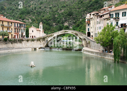 Italy, Liguria, Dolceacqua, old stone bridge across river Stock Photo