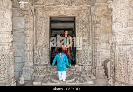 Indian tourists visiting Ranakpur temple. Near Udaipur. Rajasthan. India Stock Photo