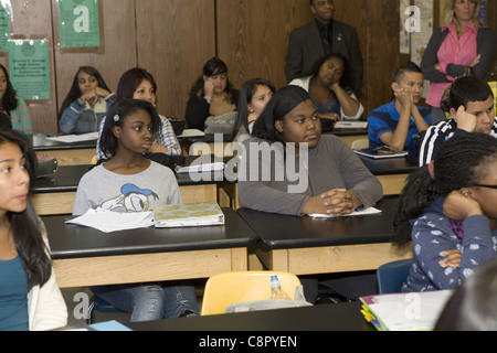 Overcrowded science class at a public high school in Yonkers, New York. Stock Photo