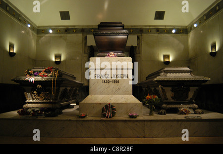 Sarcophagi of Empress Elisabeth of Austria, known as Sissi (1837 - 1898), Emperor Franz Joseph I of Austria (1830 - 1916) and their son Crown Prince Rudolf of Austria (1858 - 1889) pictured from left to right in the Kaisergruft (Imperial Crypt) in Vienna, Austria. Stock Photo