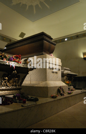 Sarcophagi of Empress Elisabeth of Austria, known as Sissi (1837 - 1898), Emperor Franz Joseph I of Austria (1830 - 1916) and their son Crown Prince Rudolf of Austria (1858 - 1889) pictured from left to right in the Kaisergruft (Imperial Crypt) in Vienna, Austria. Stock Photo