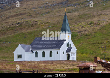 Norwegian Church at Grytviken Harbour, South Georgia Stock Photo