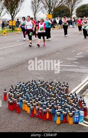 PORTSMOUTH, UK, 30/10/2011. Drinks bottles lay ready for runners taking part in the Bupa Great South Run. Stock Photo