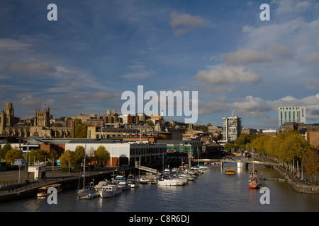 A view of Bristol dock area with the city and cathedral in the background taken from the M Shed Stock Photo