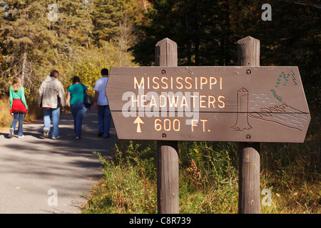 A sign for the Mississippi headwaters in Itasca States Park, Minnesota. Stock Photo