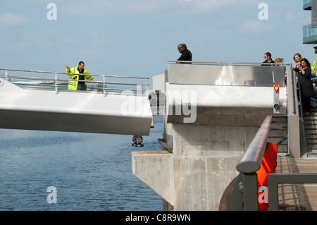 The MediaCityUK swing footbridge just closed, Salford Quays, Manchester, England, UK Stock Photo