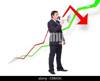 Young businessman using a megaphone Stock Photo