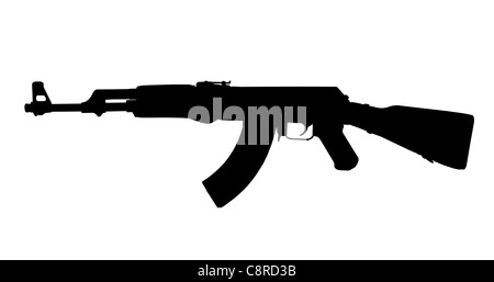 AK47 Silhouette. High contrast Russian Kalashnikov assault rifle, isolated black on white. Stock Photo