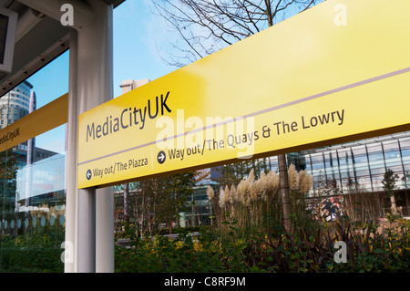 Metrolink sign at the MediaCityUK stop for The Quays and The Lowry