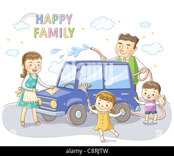 Illustration of family washing car Stock Photo