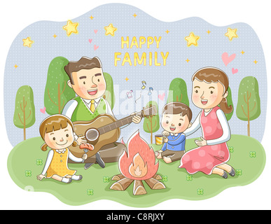 Illustration of family enjoying campfire Stock Photo